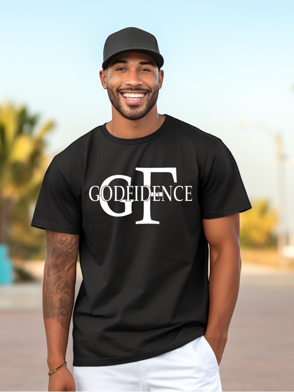 Men’s Christian Black Graphic Tee White Faith Print Streetwear Crewneck T-Shirt